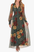 Women's Floral Maxi Dress 2025 Fall V Neck Puff Long Sleeve Flowy Casual Wedding Guest Tee Party Tulle Dresses
