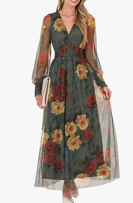Women's Floral Maxi Dress 2025 Fall V Neck Puff Long Sleeve Flowy Casual Wedding Guest Tee Party Tulle Dresses
